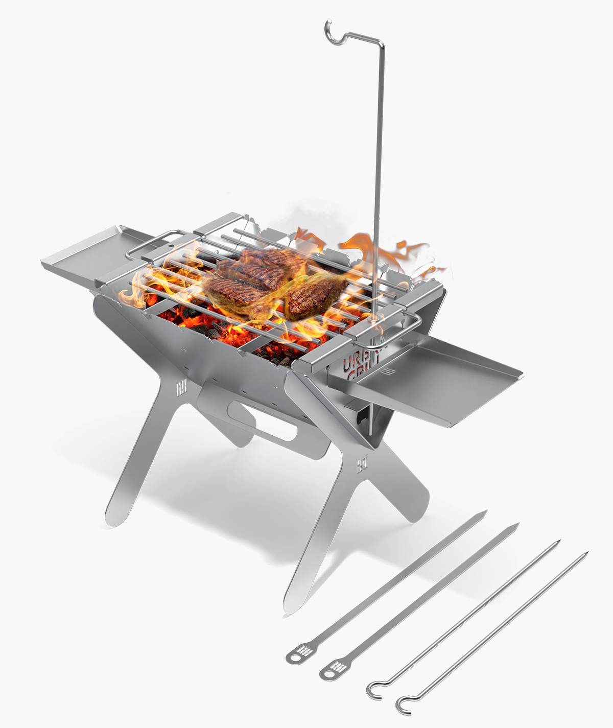 SS - 1 URBANGRILL + 2 FLAT & 2 ROUND SKEWERS + 1 BBQ GRATE + 1 LIGHT STAND + 2 SIDE TRAYS